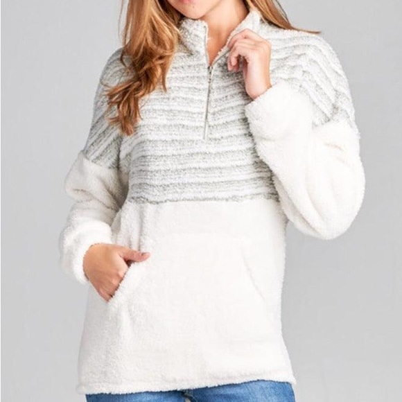 026 Cozy striped Zipper pocket Teddy pullover sweater top - Picture 4 of 5